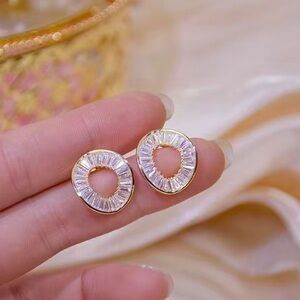 18K GP Geometric Crystal Hollow Circle Stud Earrings
